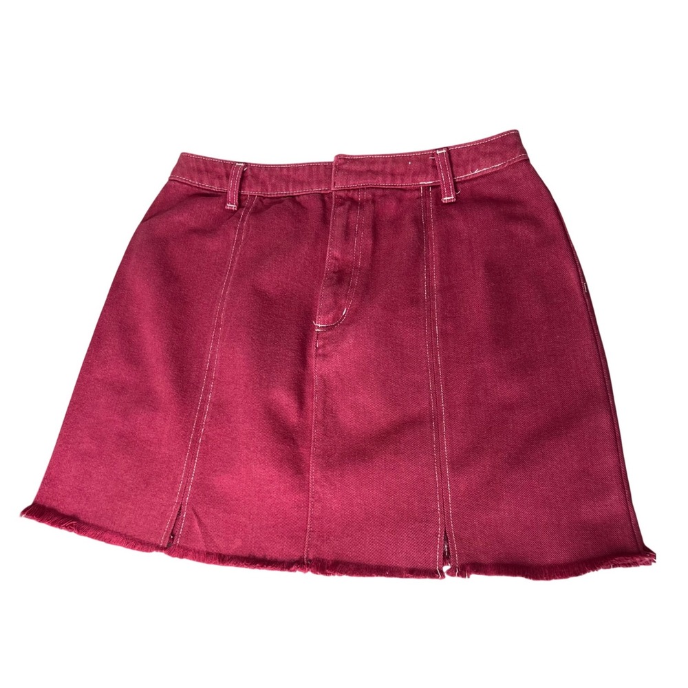 Vintage St Johns Bay Burgundy Denim Mini Skirt Frayed Hem Size 8 Women's‎